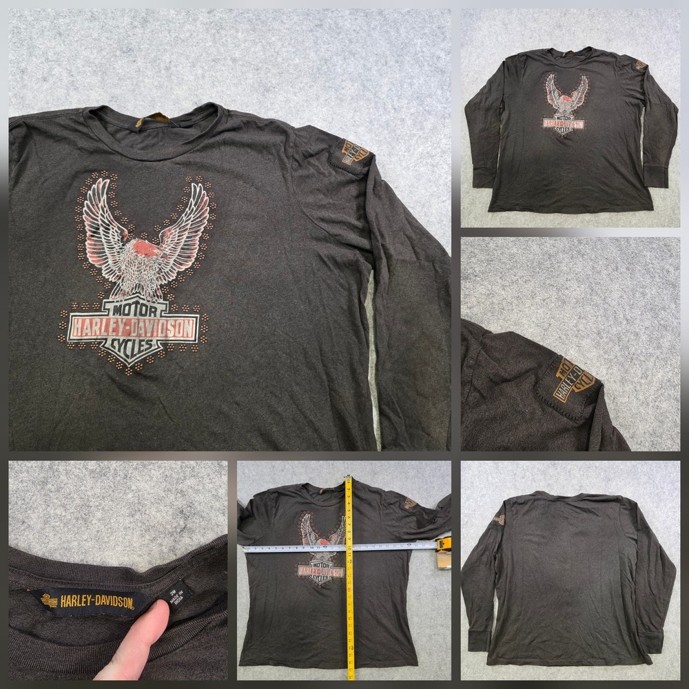 Harley Davidson Motorcycles Shirt Womens 2XL Gray Long Sleeve Studded Eagle Tee